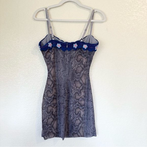 Danielle Guizio Crochet Flower Trim Snakeskin Print Mesh Mini Bodycon Dress - Picture 3 of 5